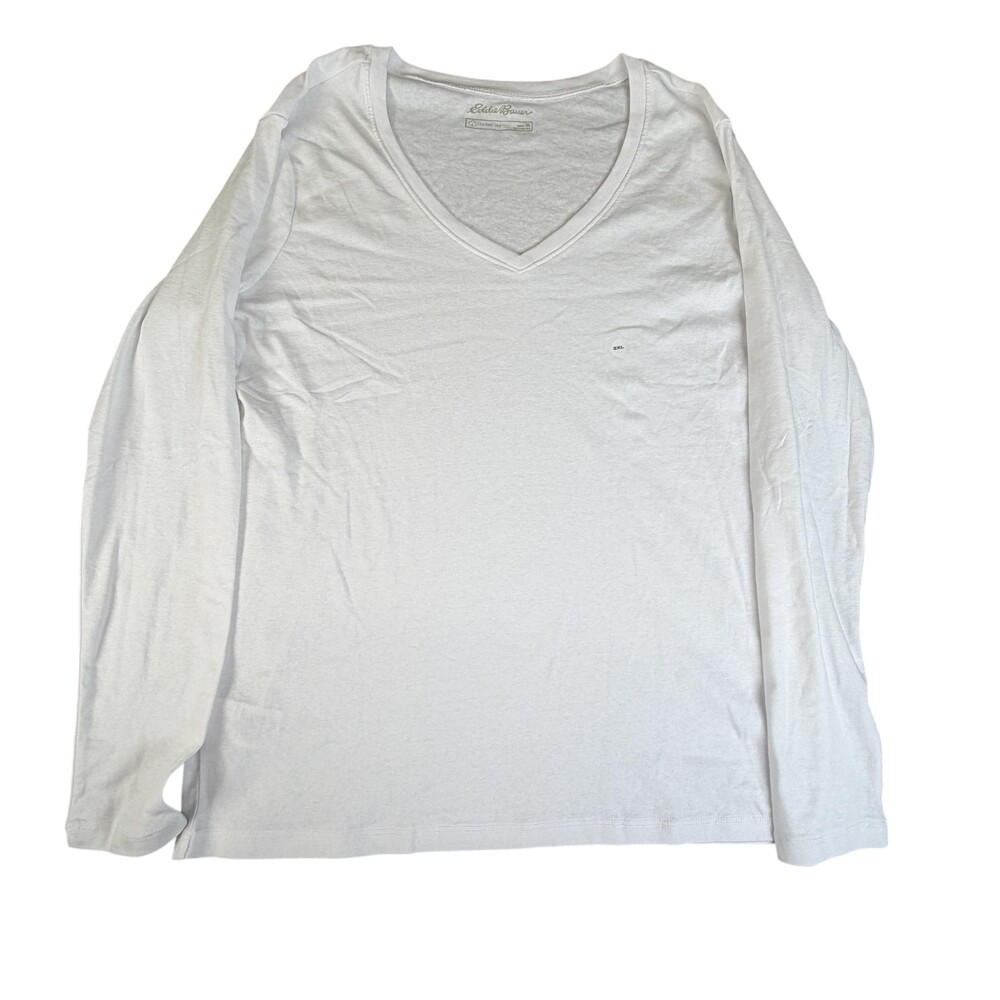 Eddie Bauer Shirt Womens XXL White Cotton Blend Long Sleeve Favorite V Neck Tee